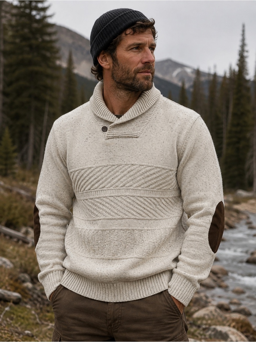 Chaps Men's Cream Collar Knit Sweater with Brown Elbow Patches